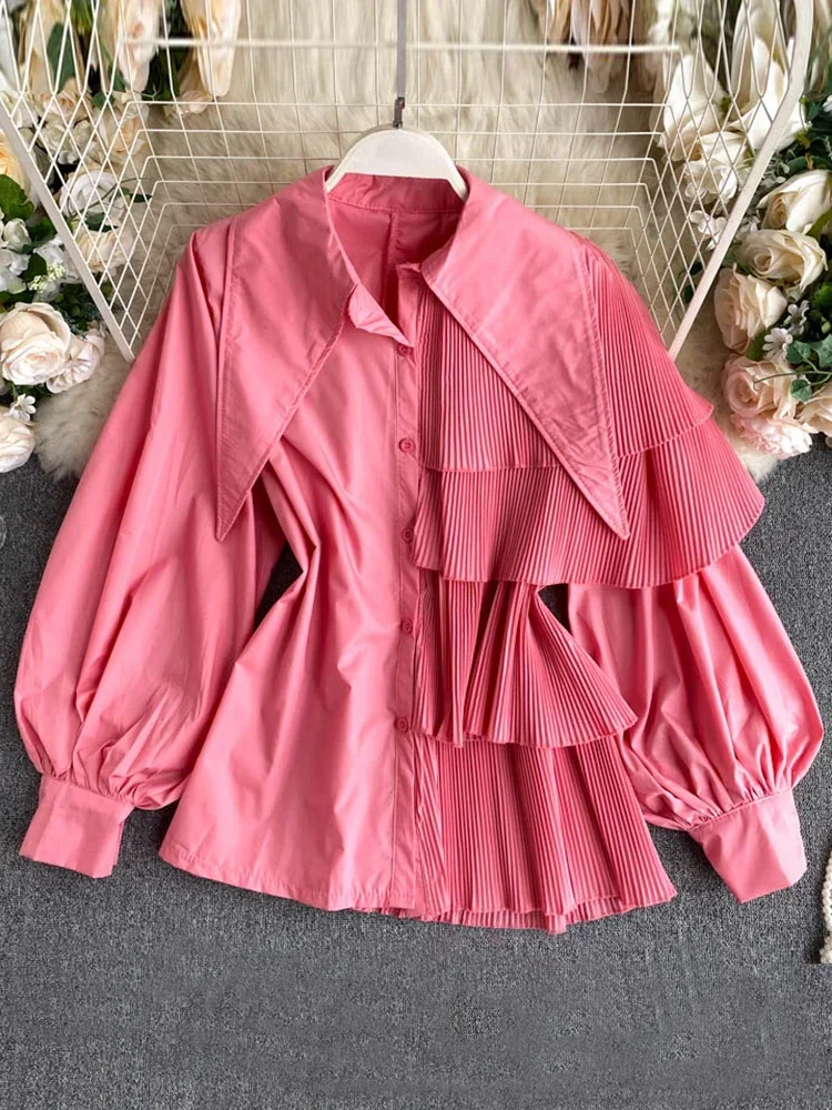 

New Women Korean Candy Colors Shirt Fried Street Autumn Shirts Irregular Puff Sleeve Pleated Ruffle Top Female Blouse PL461