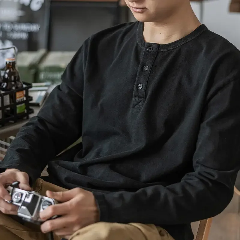 

Vintage American Style Loose-Fit Long Sleeve T-Shirt for Men Hard Han Crew Neck Base Layer Top Trendy