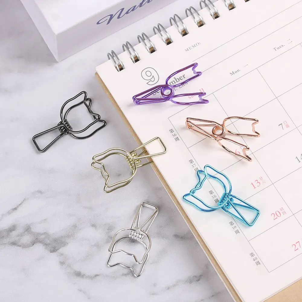 6Pcs Metal Binder Clip Solid Color Hollowed Out Design Paper Organizer Simple Metal Wire Stationery Office Decorative Clamp