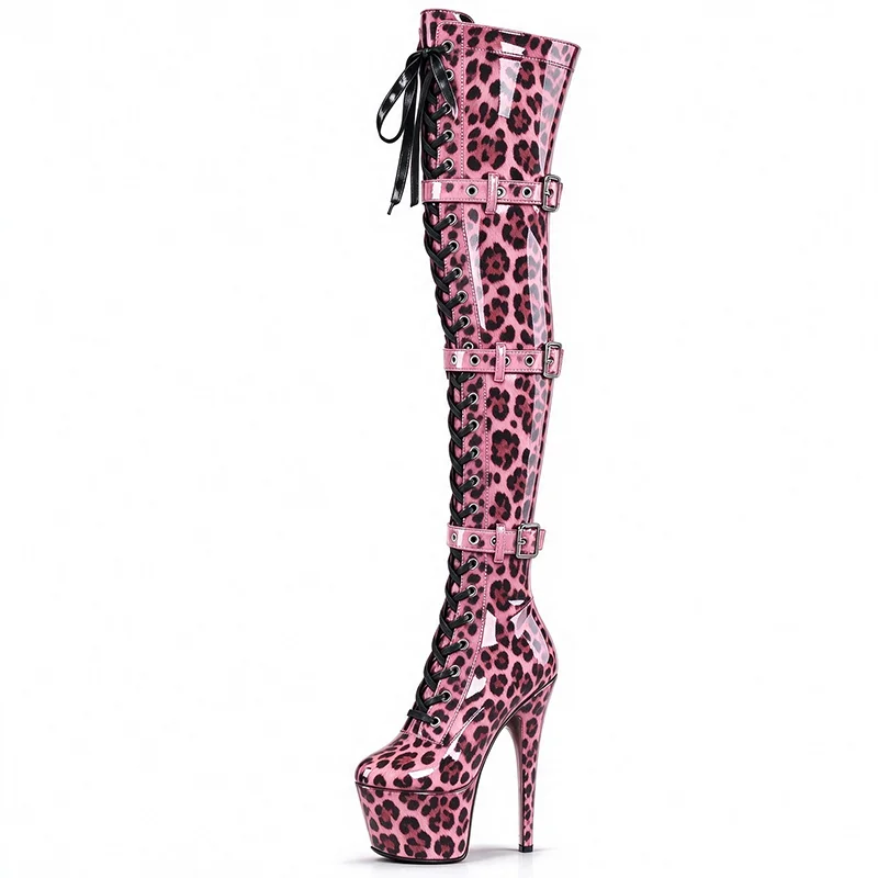 Leopard Print Patent Leather Thigh High Boots Women 17CM Stiletto Heel Over Knee Long Boots Sexy Pole Dance Nightclub Shoes