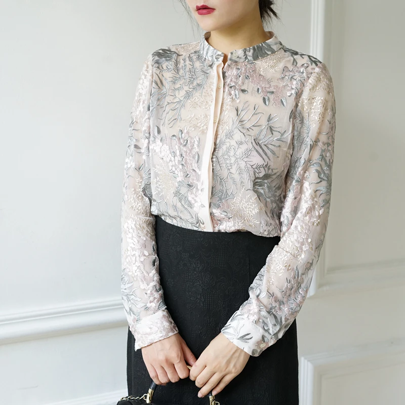 

Ele Long Sve Silk Embroidered irt Women's Heavy Work True Silk antung Luxury Feel Stand Collar Button up Office Wear