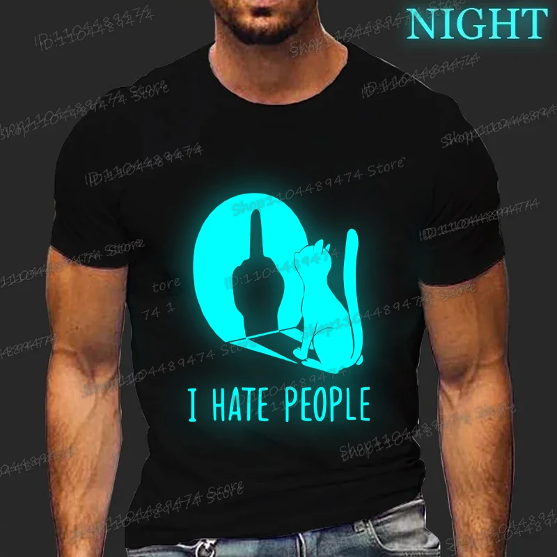 

Я ненавижу людей, забавные футболки с принтом кота, мужские и женские винтажные футболки с круглым вырезом, светящиеся стильные футболки в стиле хип-хоп, топы