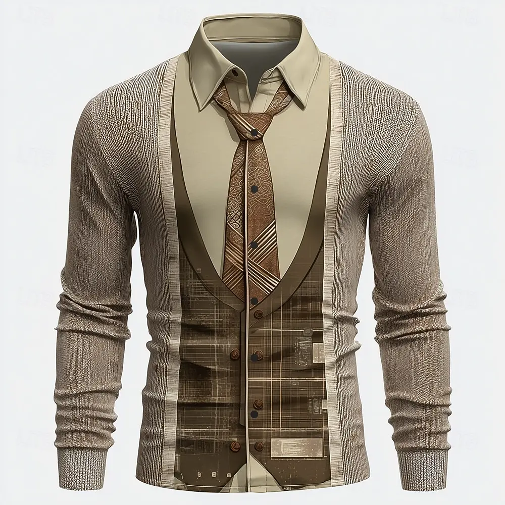 Retro Men's 2025 Long Sleeve Shirt Novelty Faux Collar And Suit Design Autumn Winter Streetwear Casual Comfort Slim Fit Shirts