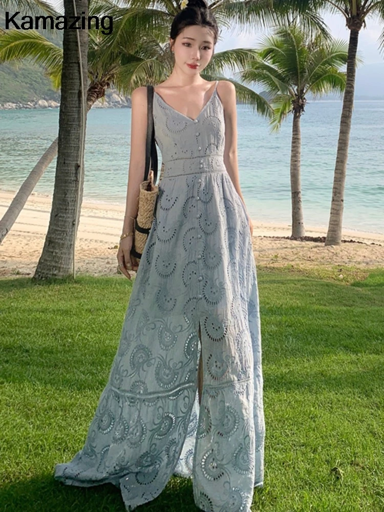 Summer Hollow Out Long Dresses Elegant V-neck Backless Birthday Party Dress Holiday Boho Beach A-line Vestidos Femme Casual Robe