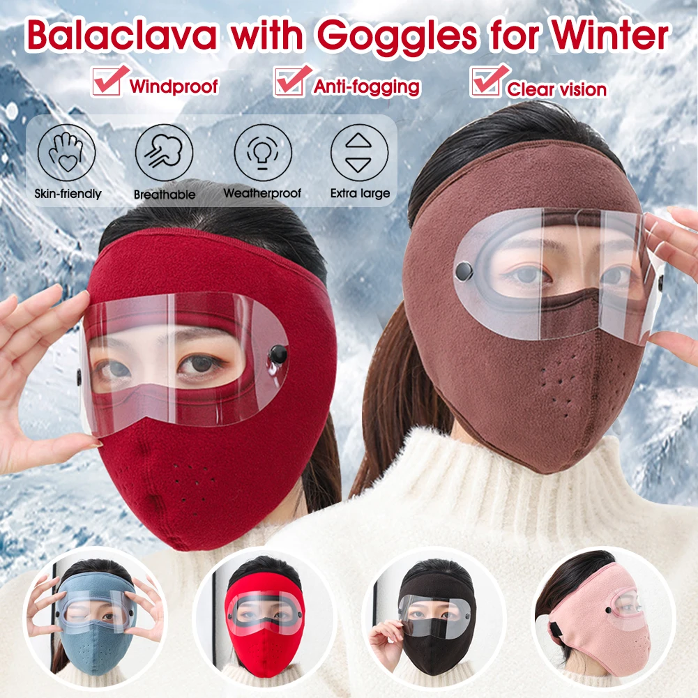 Máscara facial de equitação à prova de vento Balaclava Capa facial de inverno com óculos transparentes Capa forrada de lã à prova de vento para inverno frio