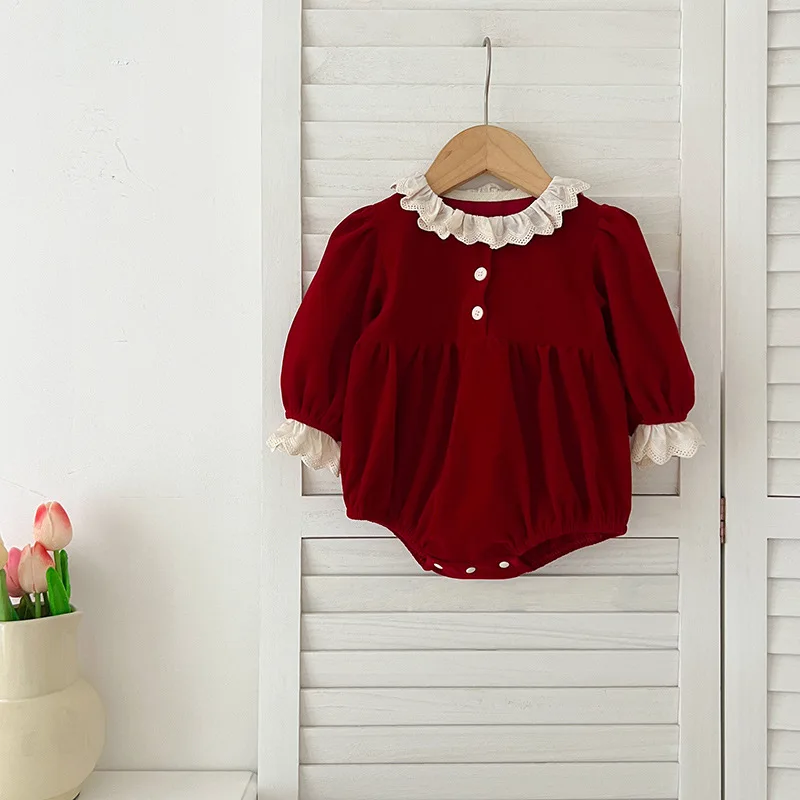 2024Autumn New Girls' Lace Collar Long-Sleeved Red Baby Rompers Romper Sisters Outfit Dress