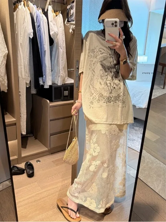 

plus Size Casual Set Summer New Lazy Style Print Short Sleeve T-Shirt Top Lace Flower Half Skirt Korean Loose Fit High Waist ...