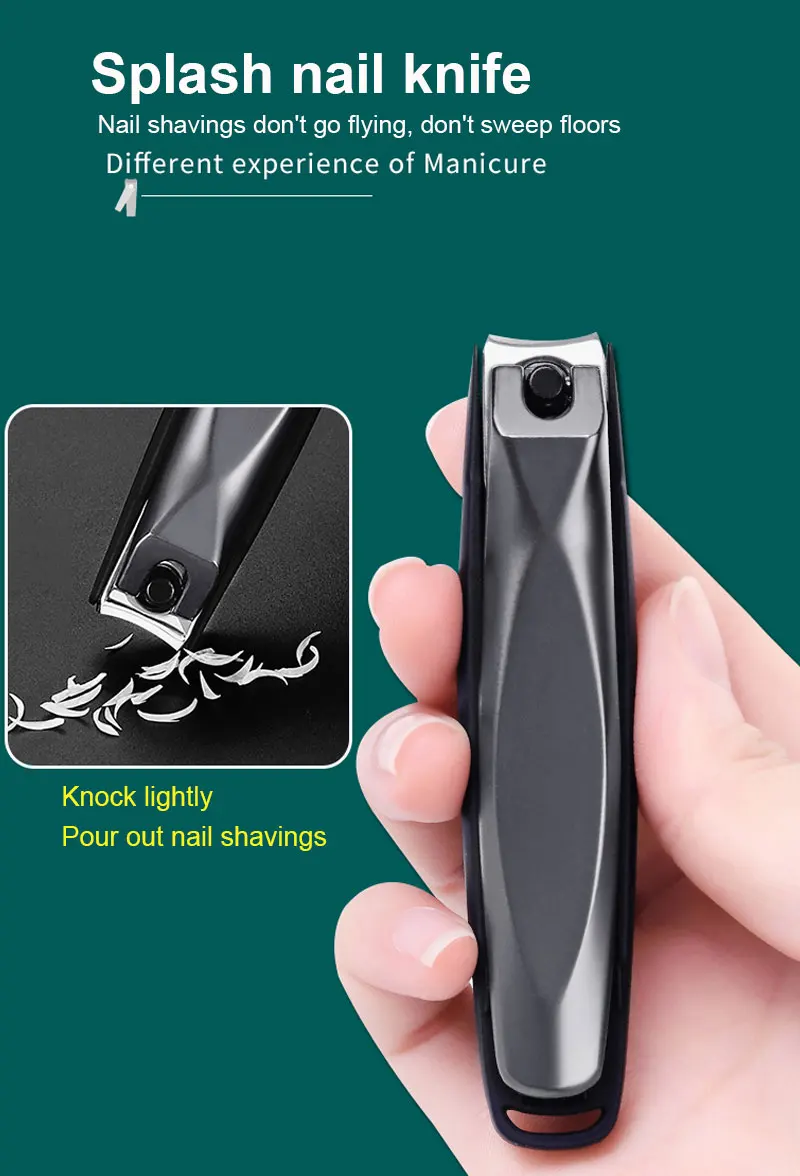 1Psc Black Stainless Steel Nail Clippers with Anti-splash Cover Trimmer Pedicure Care Nail Clippers Professional Nail Supplies