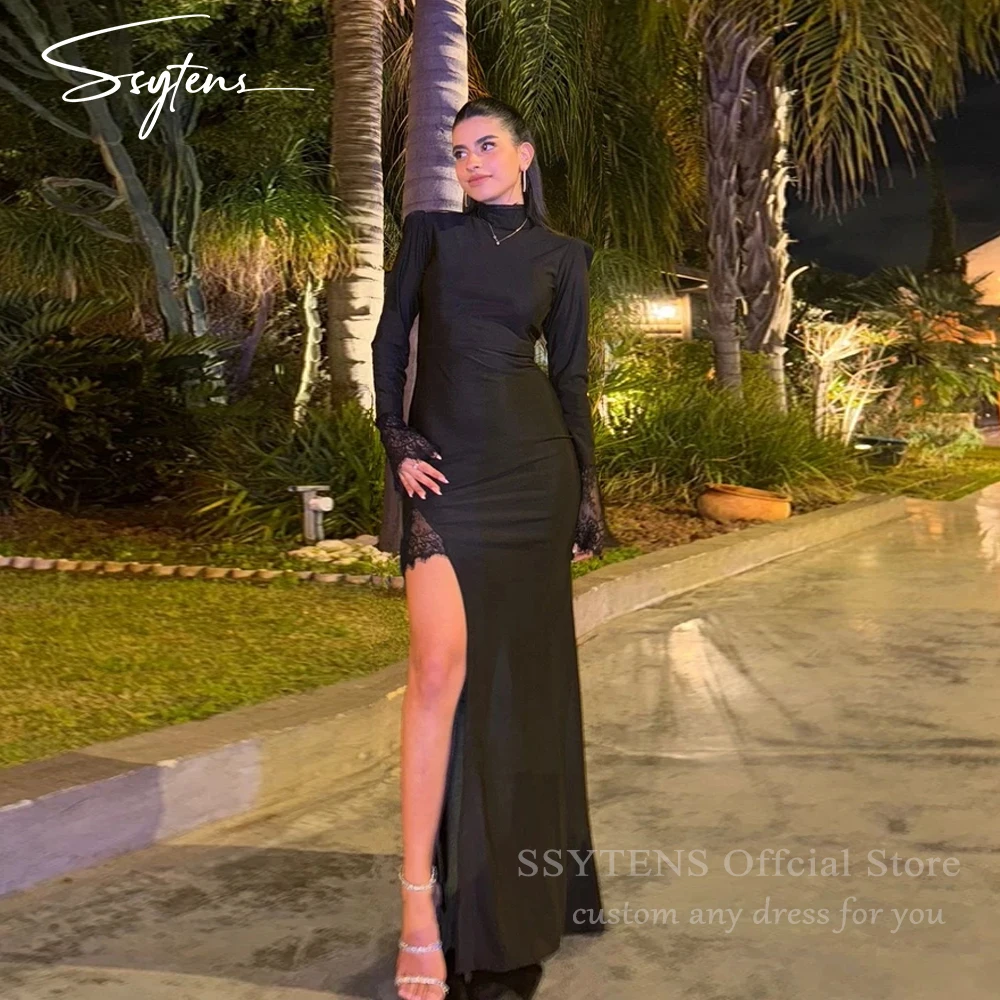 

SSYTENS Modern Black Evening Dresses Slit Robe De Soirée Femme Lace Full Sleeves Women Mermaid Special Occasion Gowns Customized