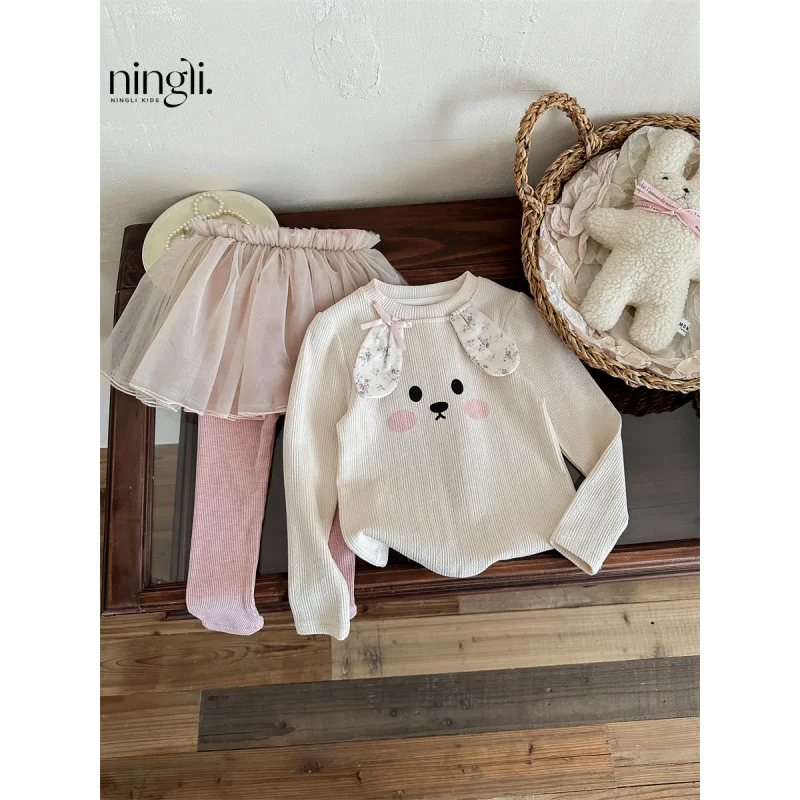 

NL-Autumn Children's Kindergarten Cute Bunny Patchwork Sweater Girls' New Western Style Leggings Suit