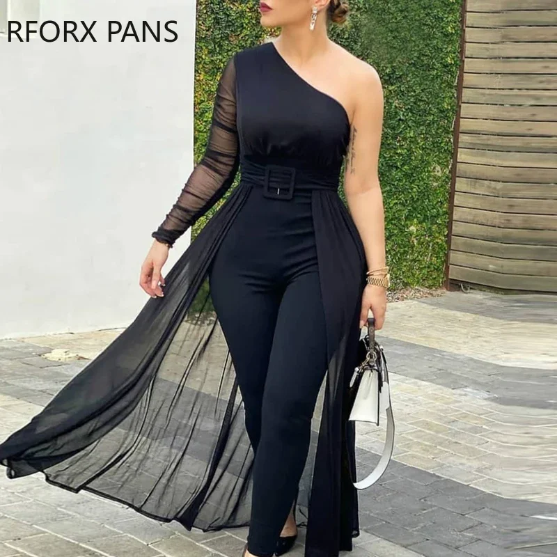 

Women One Shoulder Plain Sheer Mesh Jumpsuit Skinny Jumpsuit Casual Look for Women 2020