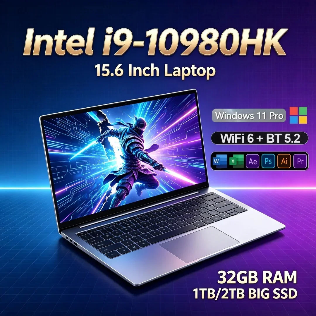 15.6 Inch Stable Performance Ultra Slim Laptop Intel i9-10980HK 16/32GB RAM 1TB/2TB Big SSD Portable Windows11 Office Study