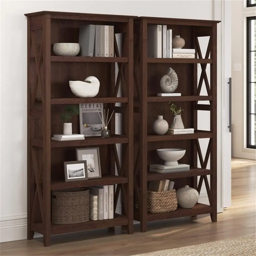 Furniture Key West 5 Shelf Bookcase - Set of 2 Tall Bookshelves in Bing Cherry Sturdy Display Shelves for Library