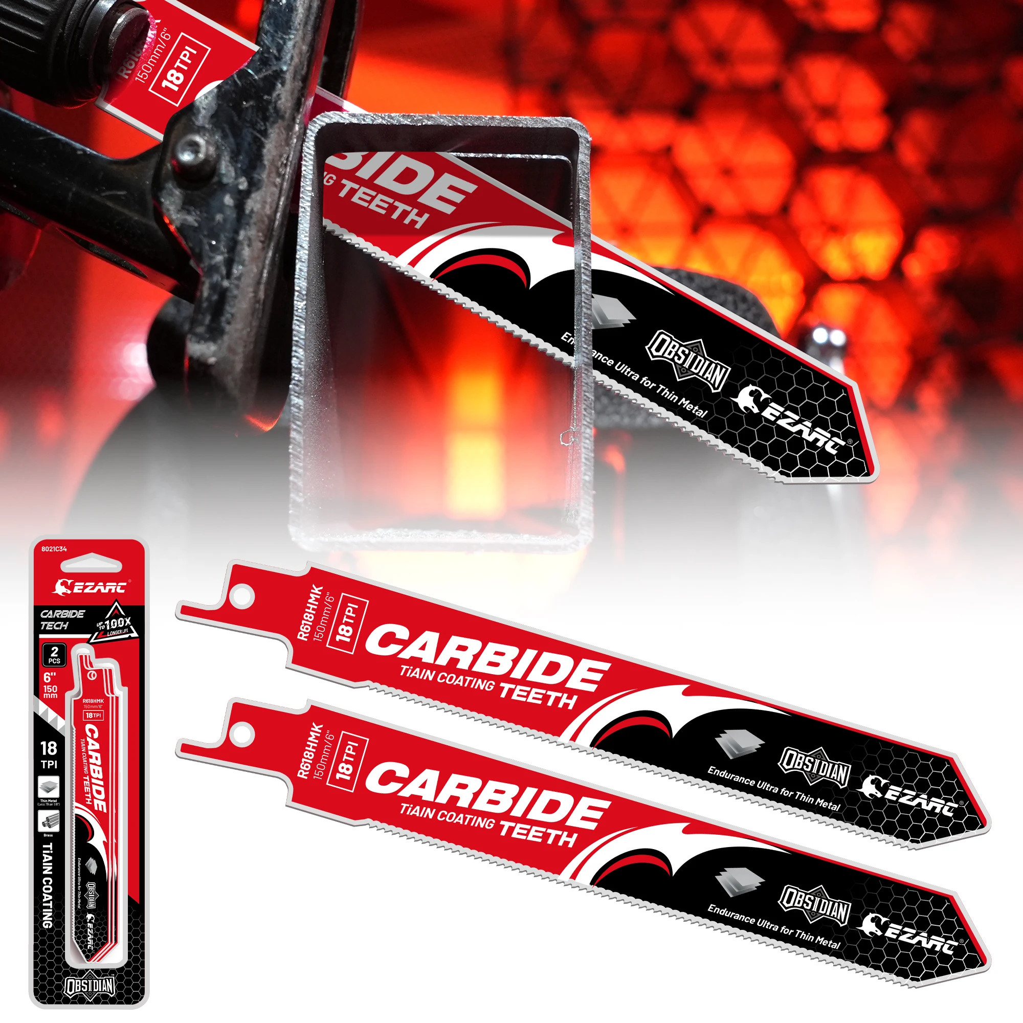 EZARC 2PC Obsidian Carbide Reciprocating Saw Blades 6-Inch 18TPI TiAlN-Coated for Thick Metal (Stainless Steel/Rebar/Angle Iron)