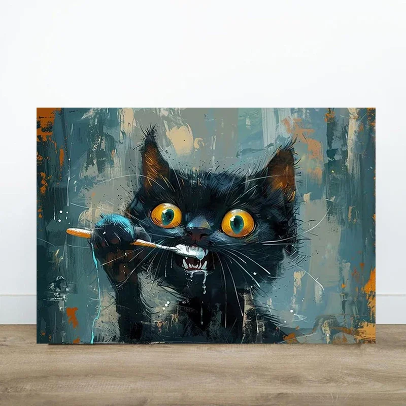 Multiple sizes 1pc frameless Canvas Painting,Funny Cat Brushing Teeth Poster and Prints Canvas Painting Wall Art Pictures Home D