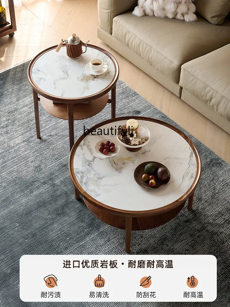 

A90 Nordic solid wood rock slab coffee table light luxury black walnut round tea table living room small tea table