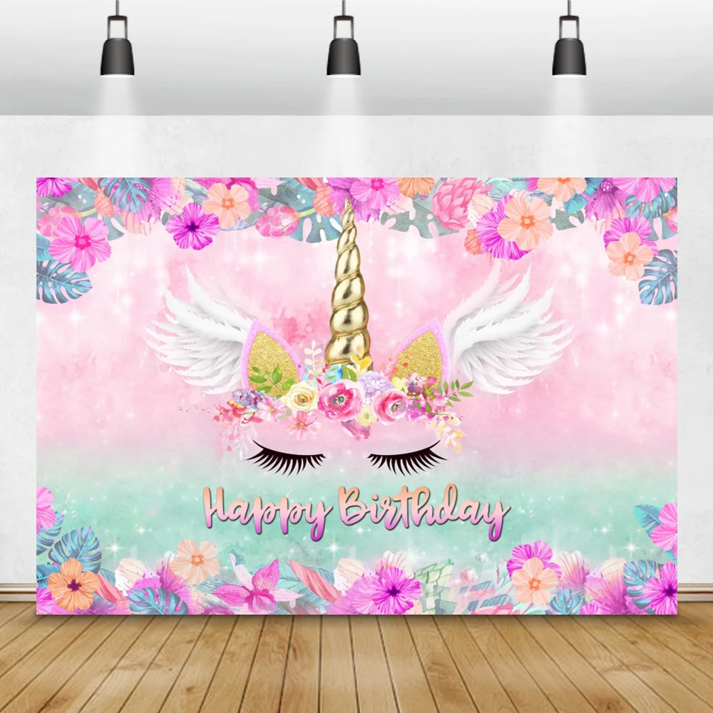 Cartone animato unicorno rosa blu Pokla Dot fotografia sfondo buon compleanno Baby Shower ritratto nome Poster personalizzato sfondo fotografico