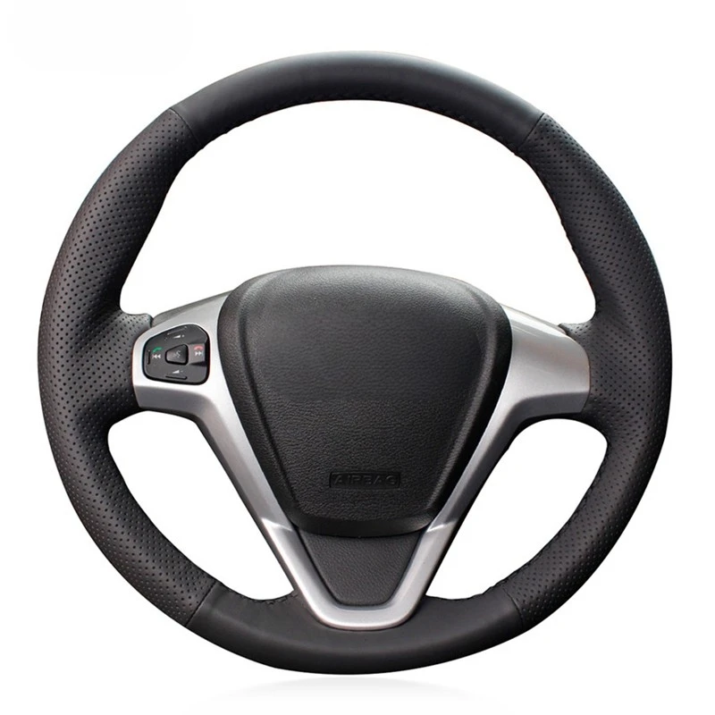 Coprivolante per auto in pelle artificiale nera cucita a mano fai-da-te per Ford EcoSport 2014-2017 Fiesta 2008-2017