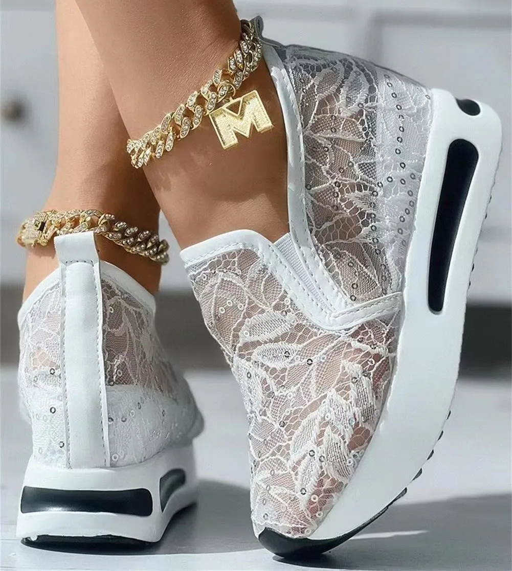 Women's Sneakers Floral Embroidery Mesh Sneakers for Women Slip on Casual Comfy Heeled Shoes Woman