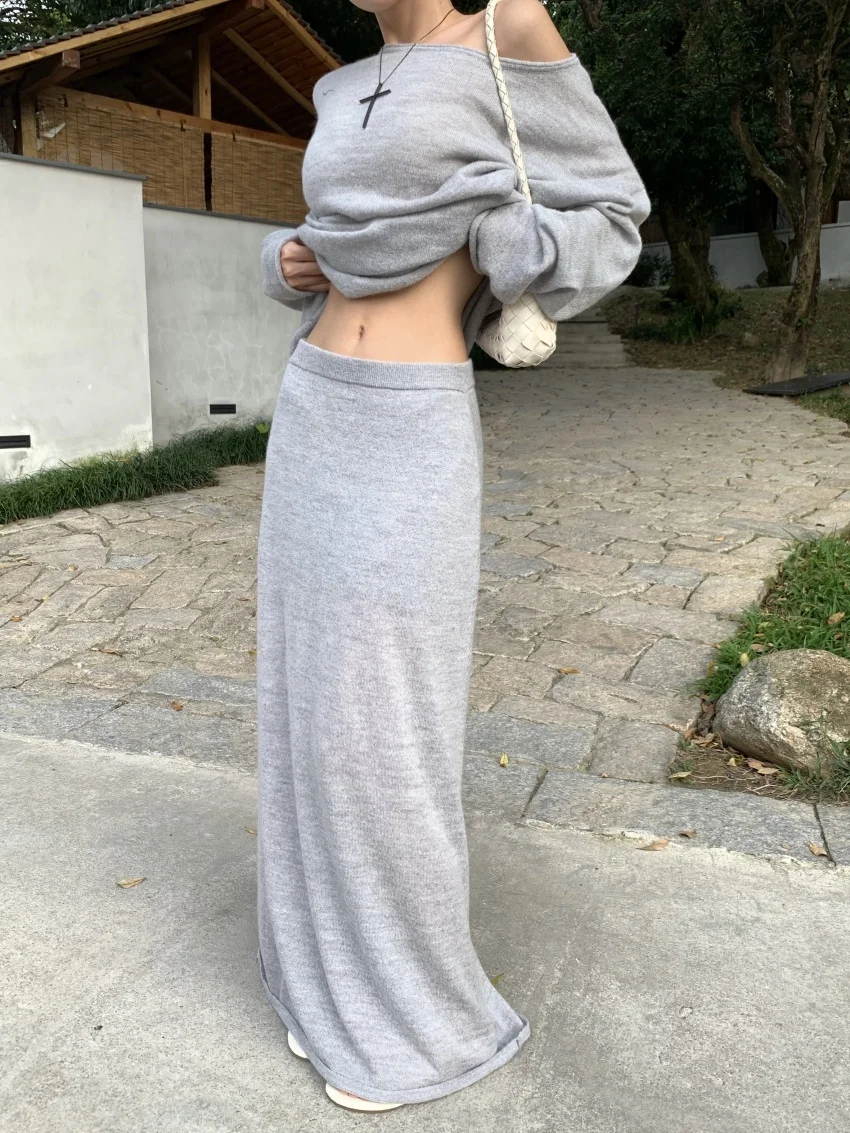 Alien Kitty 캐주얼 게으른 스타일 투피스 정장 여성 느슨한 부드러운 OL 봄 2025 니트 오프 숄더 스웨터 맥시 스커트