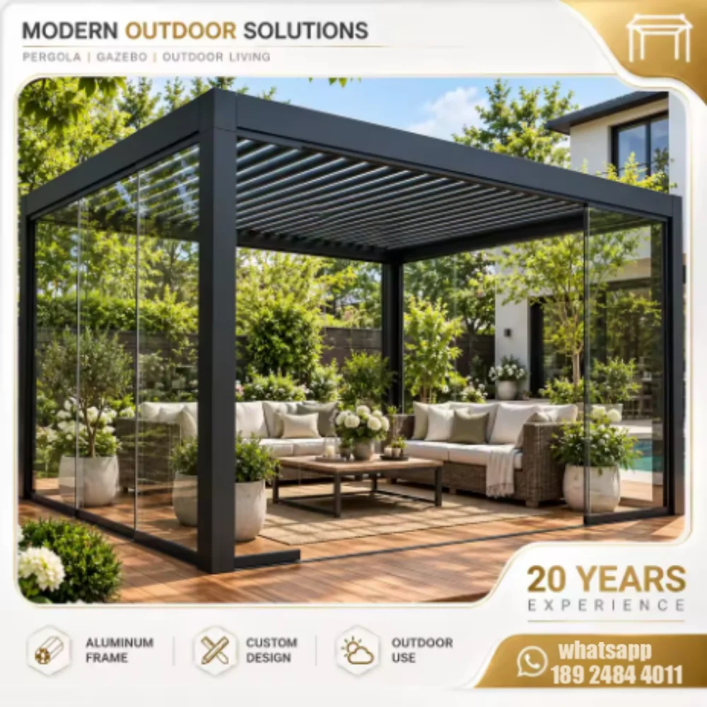 Bioclimatic Aluminum Pergola Manual Adjustable Louvered Roof Waterproof Weatherproof Gazebo Sunshade for Outdoor Patio
