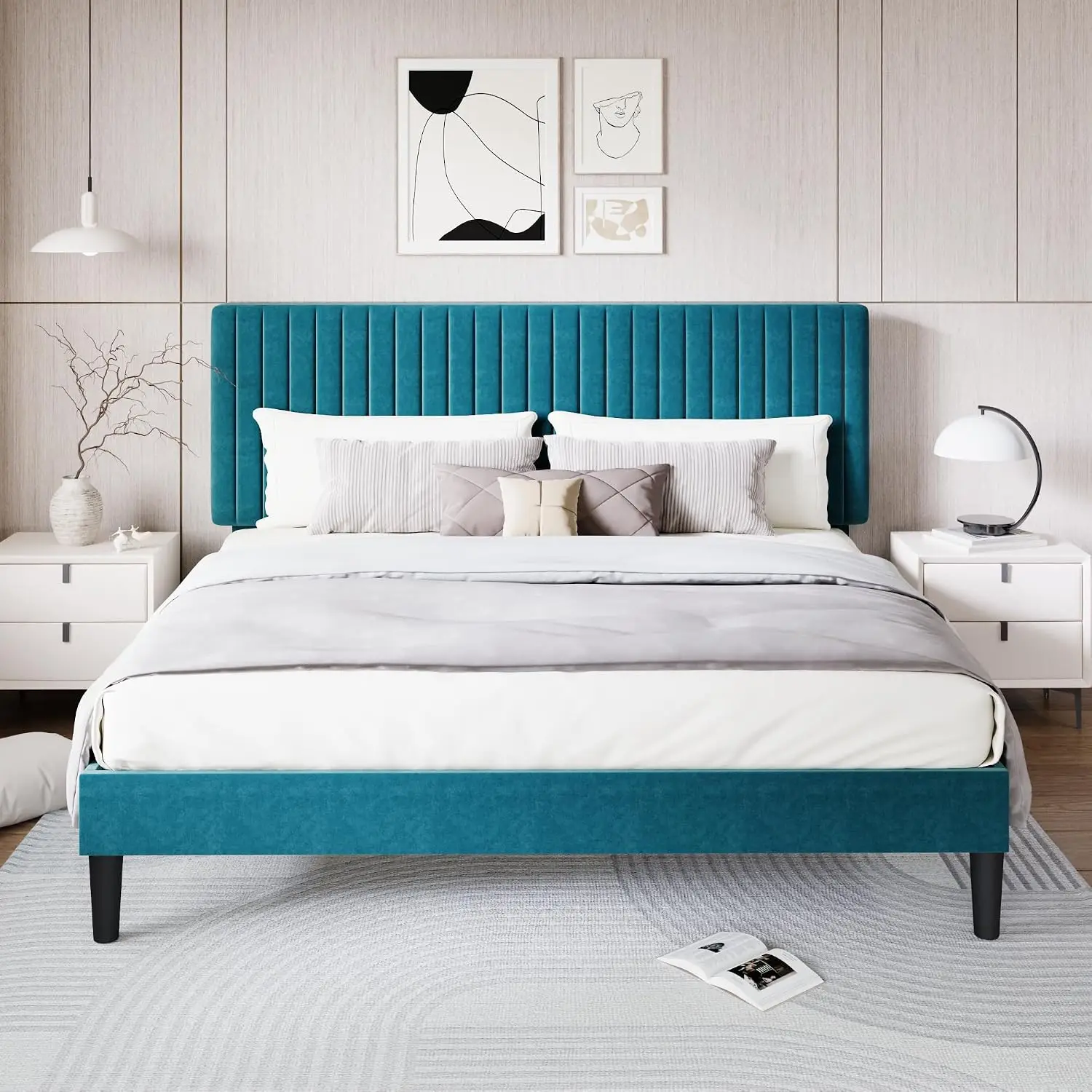 Velvet Upholstered Platform Bed King Size with Tufted Headboard Wooden Slats No Box Spring Needed Easy Assembly, Customized