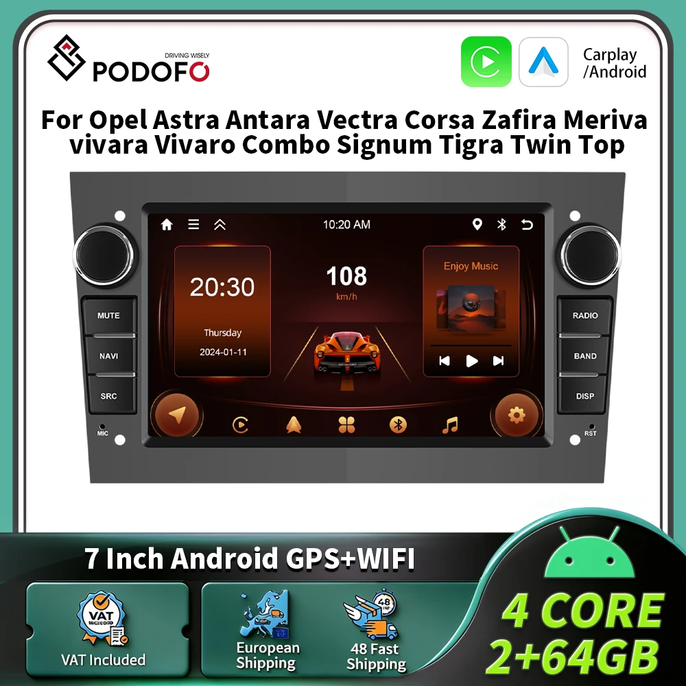 Podofo 7'' 2Din Autoradio Carplay Android Auto Smart Driving System MirrorLink GPS-Navigation Multimedia-Player WIFI BT für Opel Astra Antara Vectra Corsa Zafira Meriva Vivara Vivaro Combo Signum
