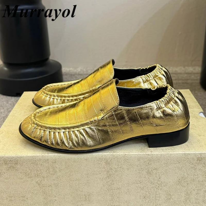 Lazy Loafers Round Toe Deep Mouth Walking Shoes Women Fold Design Genuine Leather Single Shoes Spring Autumn British Style Flats