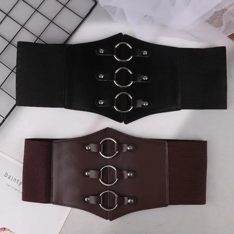 Cinto de espartilho gótico elegante, fivela tripla com rebite preto, cintura elástica waspie para mulheres punk, perfeito para casacos