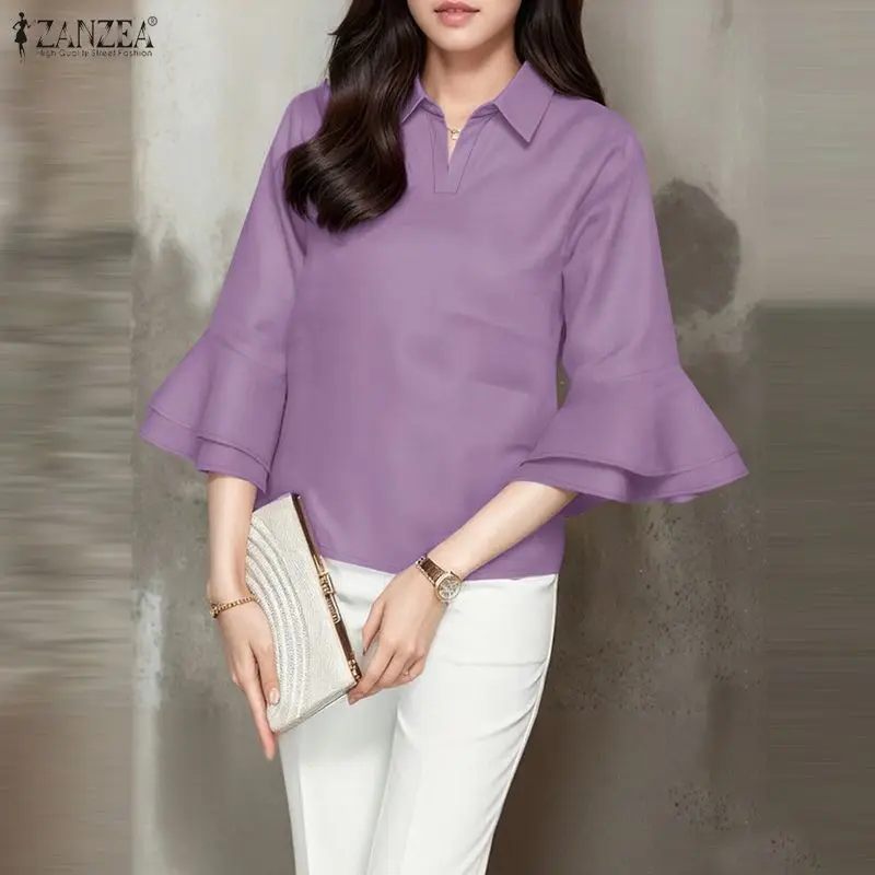 

ZANZEA Elegant Layered Flare Sleeves Blouses Women's Casual Turn-Down Collar Solid Color Blouse Spring Summer Fashion Woman Tops