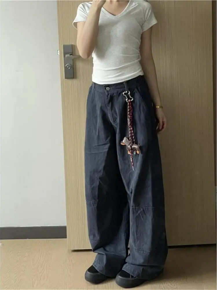 American Style High Waist Loose Fit Women's Denim Jeans Knife  Wide Leg Workwear Straight Cut Trousers Street Style