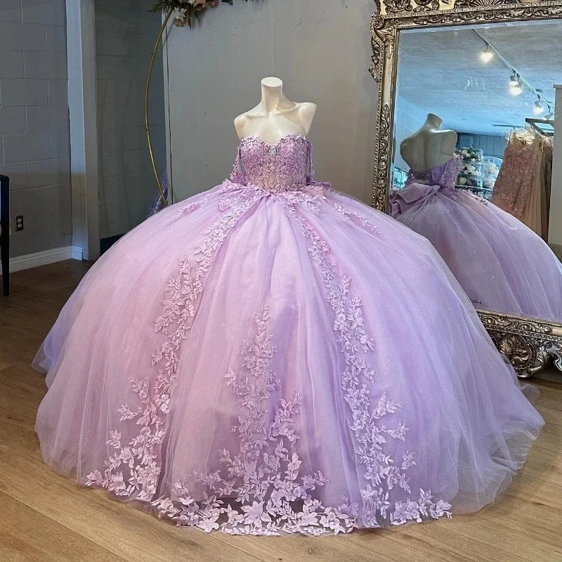 Apliques florales de lujo vestido para quinceañeras lila con hombros descubiertos princesa encaje lazo cuentas Vestidos Quinceañera 2025 Modernos personalizados