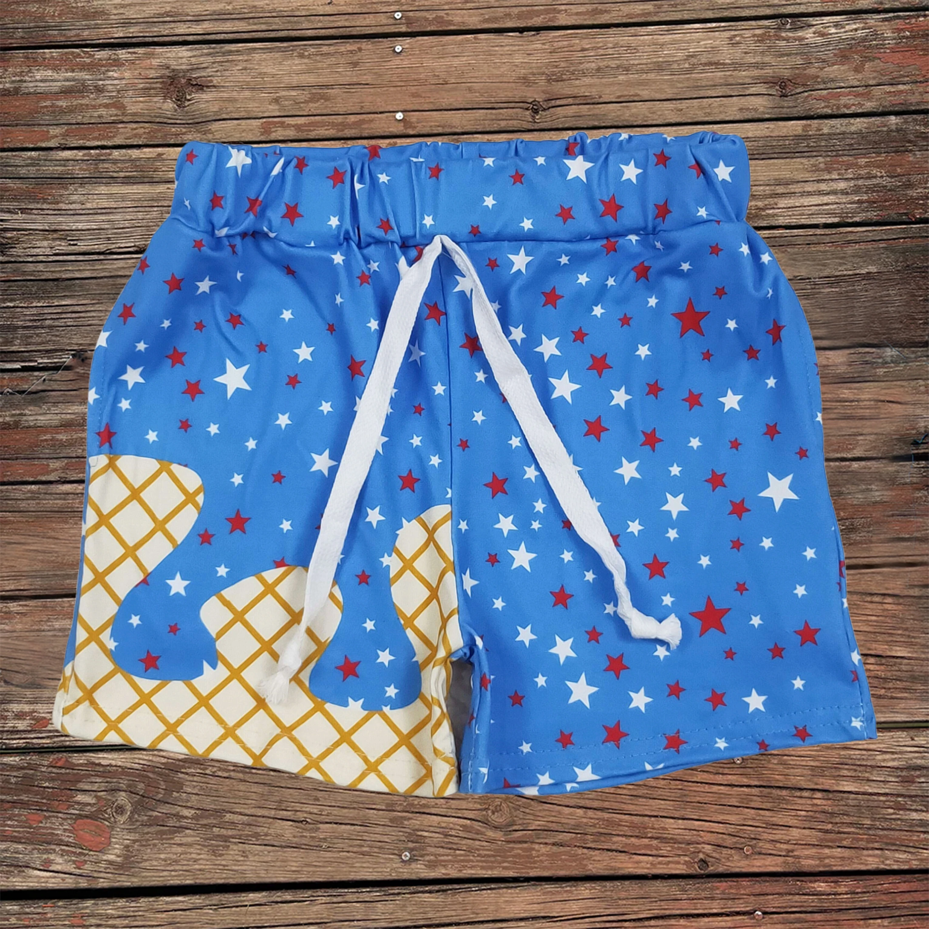 

Wholesale Baby Boy Summer Blue Drip Stars Pockets Team Shorts Elastic Waist Clothing Kids Children Toddler Casual Wear Clothes