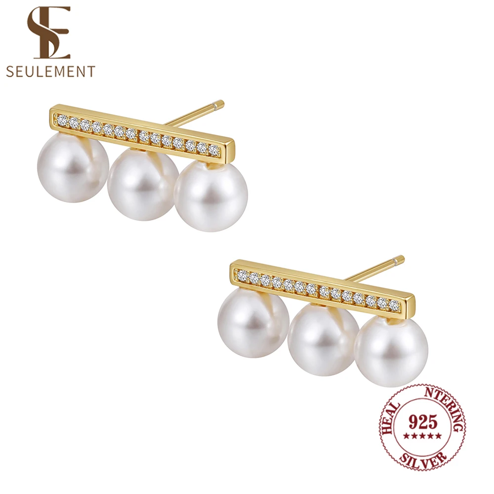 

Seulement 925 Sterling Silver Female Luxury Three Pearls Stud Earrings Vintage Wedding Jewelry Pearl Zircon Earrings New
