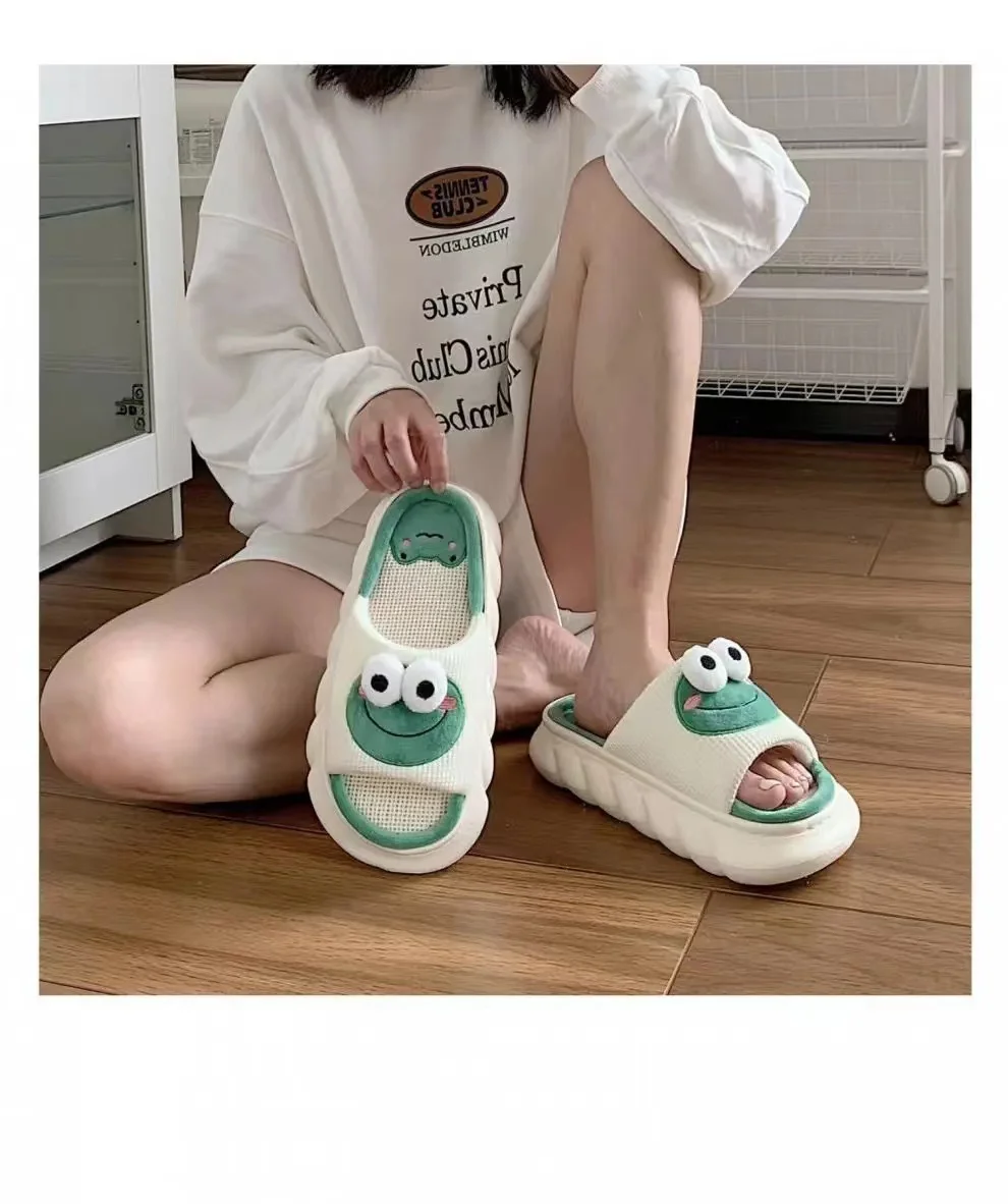 Donne Cartoon Frog pantofole inverno caldo Indoor Home Slides lino suola spessa coppia pantofola camera da letto scarpe antiscivolo sandali