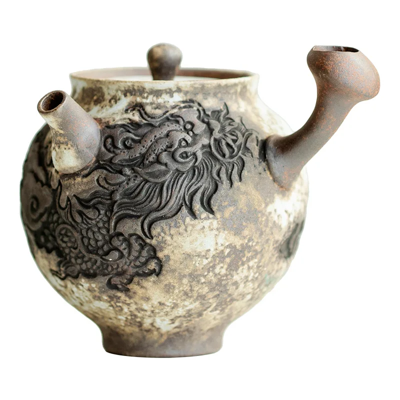 Changpuju Hand-embossed Ink Dragon Teapot Ceramic Kung Fu Pot Tea Teaware Kitchen Dining Bar Home Garden