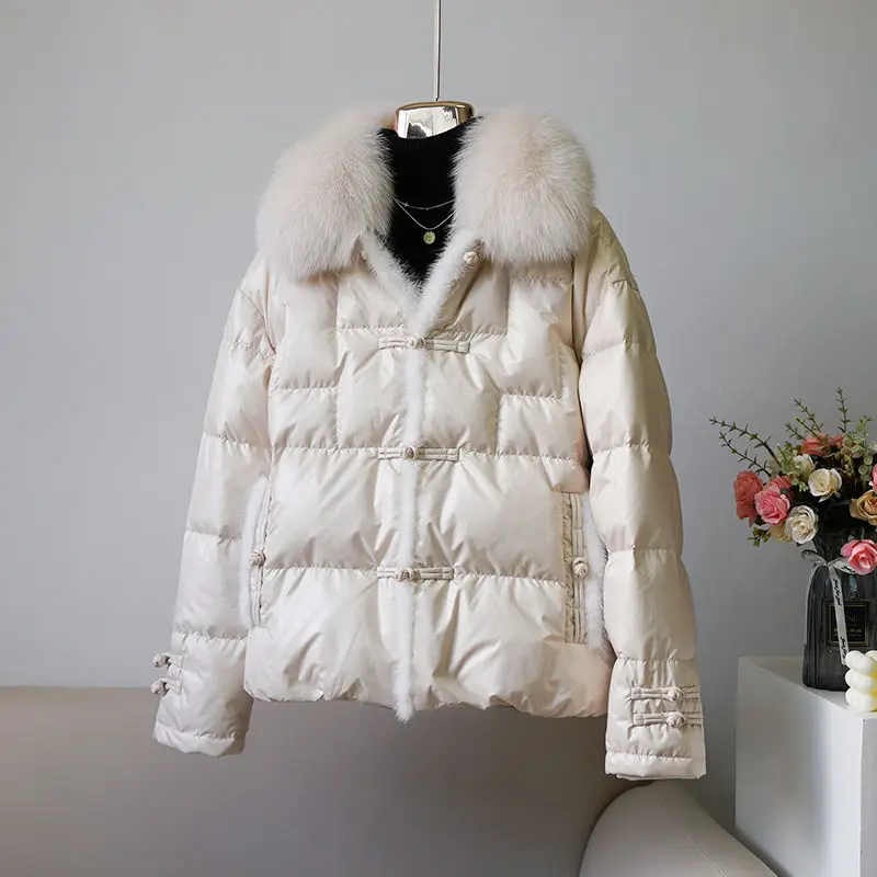 Winter New Fox Hair Collar Mink Hair Splice Vintage Chinese Style Pan Button White Duck Down Down Coat Jacket Women