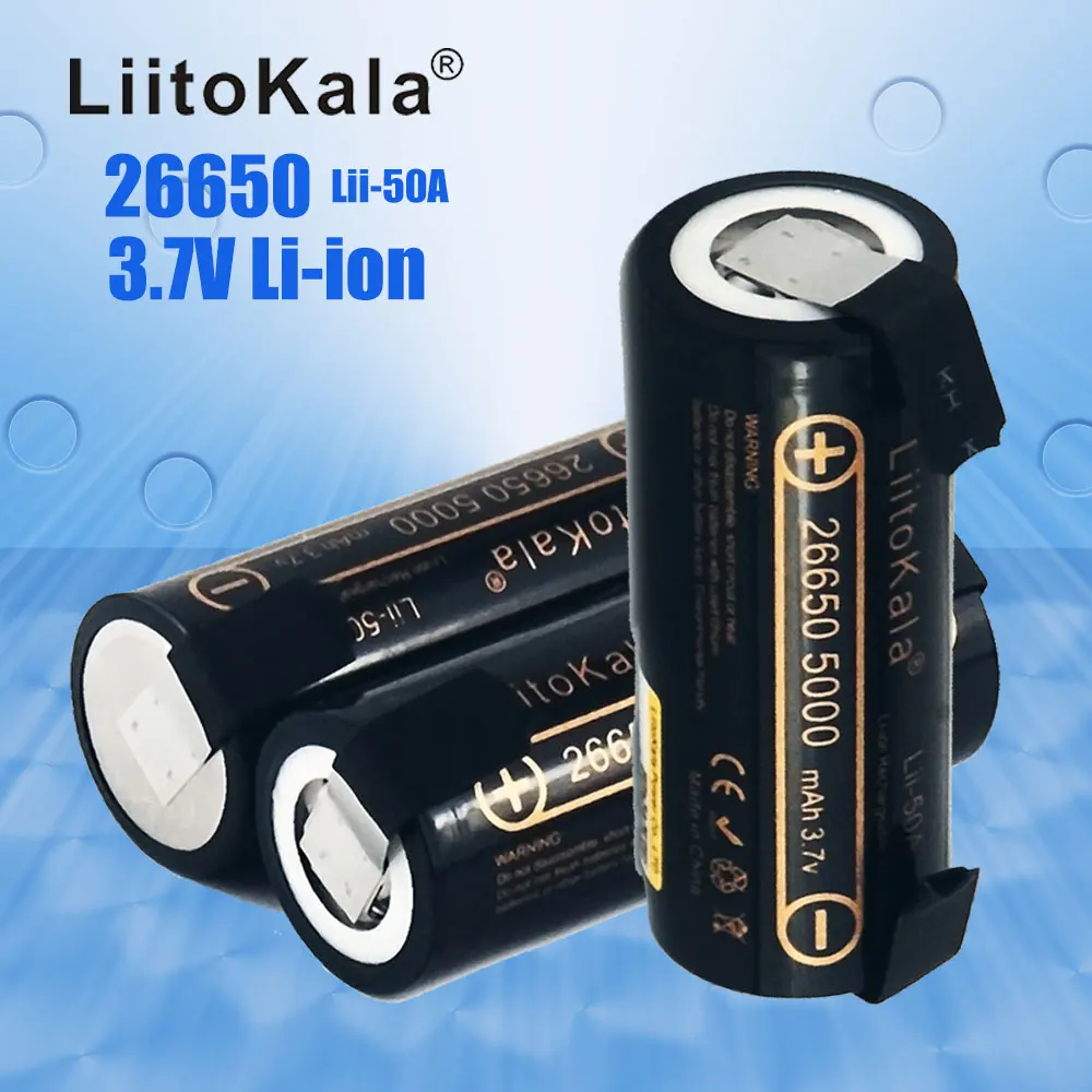 LiitoKala Lii-50A 3.7V 26650 5000mah Capacity 26650 20A discharge Li-ion Rechargeable Battery for led Flashlight+ DIY nickel