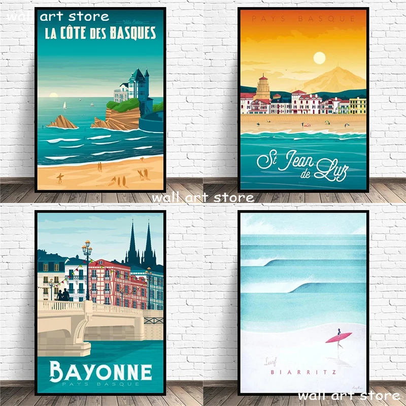 Biarritz póster de viaje, pintura impresa en lienzo de paisaje marino, arte de pared moderno para sala de estar, decoración del hogar