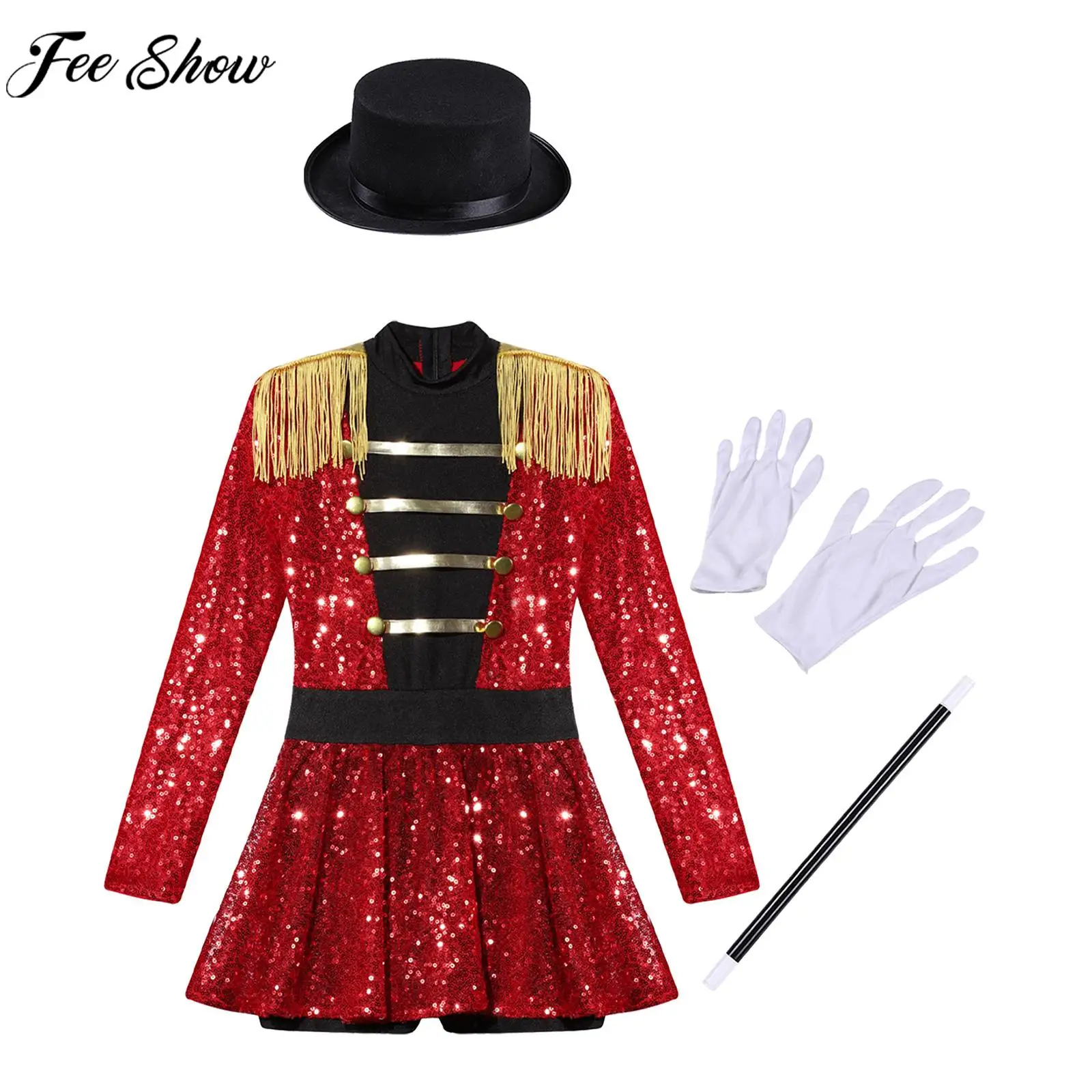 6-16 Jahre Mädchen Zirkusdirektor Zauberer Cosplay Kostüm Paillettenkleid mit Hut Zauberstab Handschuhe für Halloween Karneval
