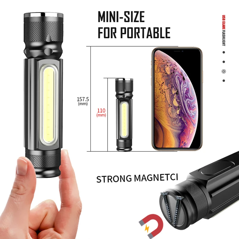 6000LM USB Rechargeable Multifunctional LED Flashlight Built-in battery Powerful T6 torch Side COB Light  tail magnet Work Light