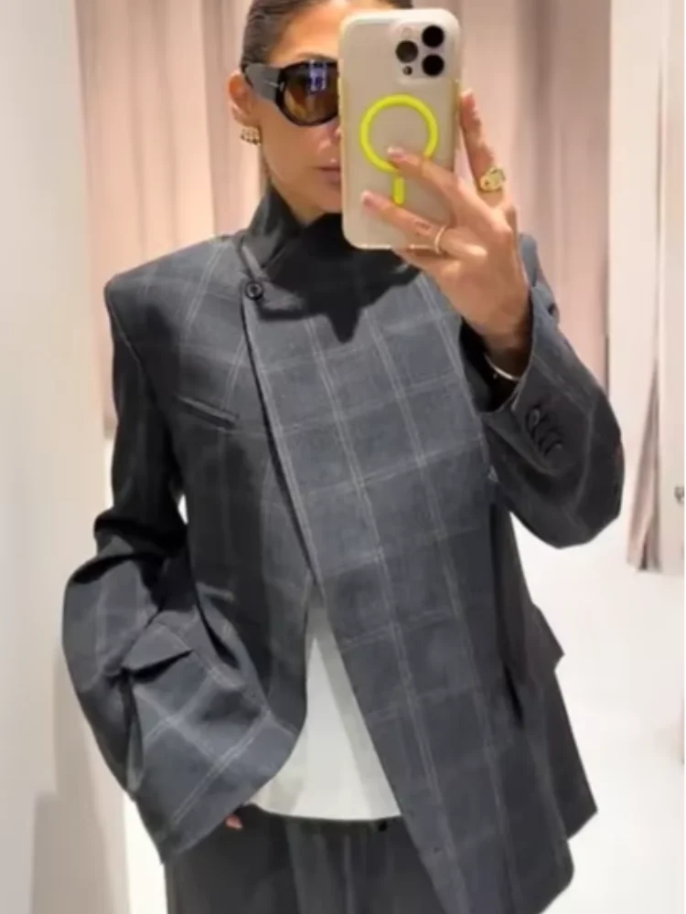 Chaqueta Blazer a cuadros irregulares para mujer, chaqueta informal con cuello levantado y manga larga dividida, chaquetas cortas cálidas, prendas de vestir para ir al trabajo diario a la moda
