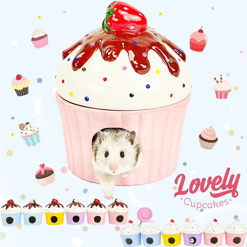 Lovely Cute Cup Cake Design Hamster Ceramics Nest for Summer Small Pet Cooling Shed House for Rats Guniea Pig Hamster Cages