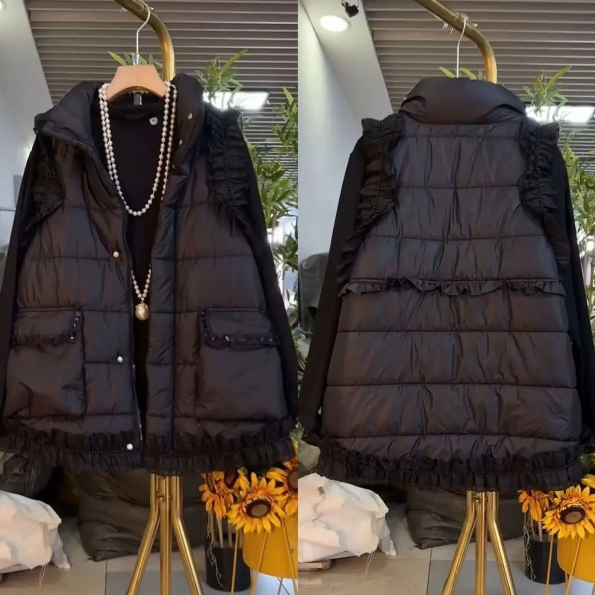 

Winter 2025 New Sle Women's Heavy Embroidery Diamond Embedded Lazy Sle Hooded down Jaet Vest Pearl Lace Hemline Coat