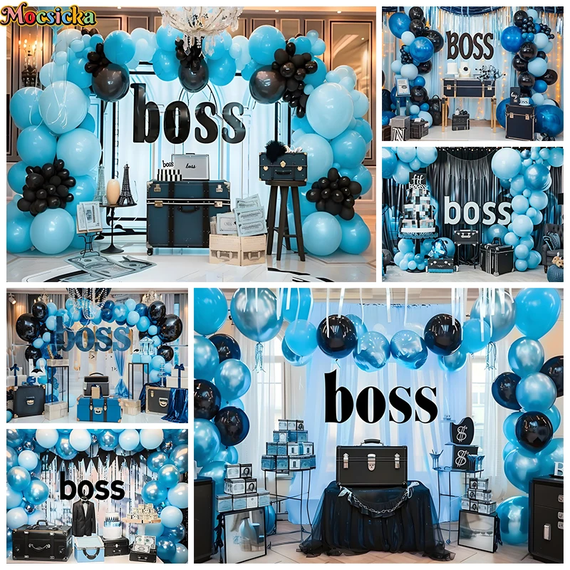 

Boss Photographic Backgrounds Office Bag Black Blue Balloon Baby Shower Girl Boy Shooting Props Backdrops Photography Photocall