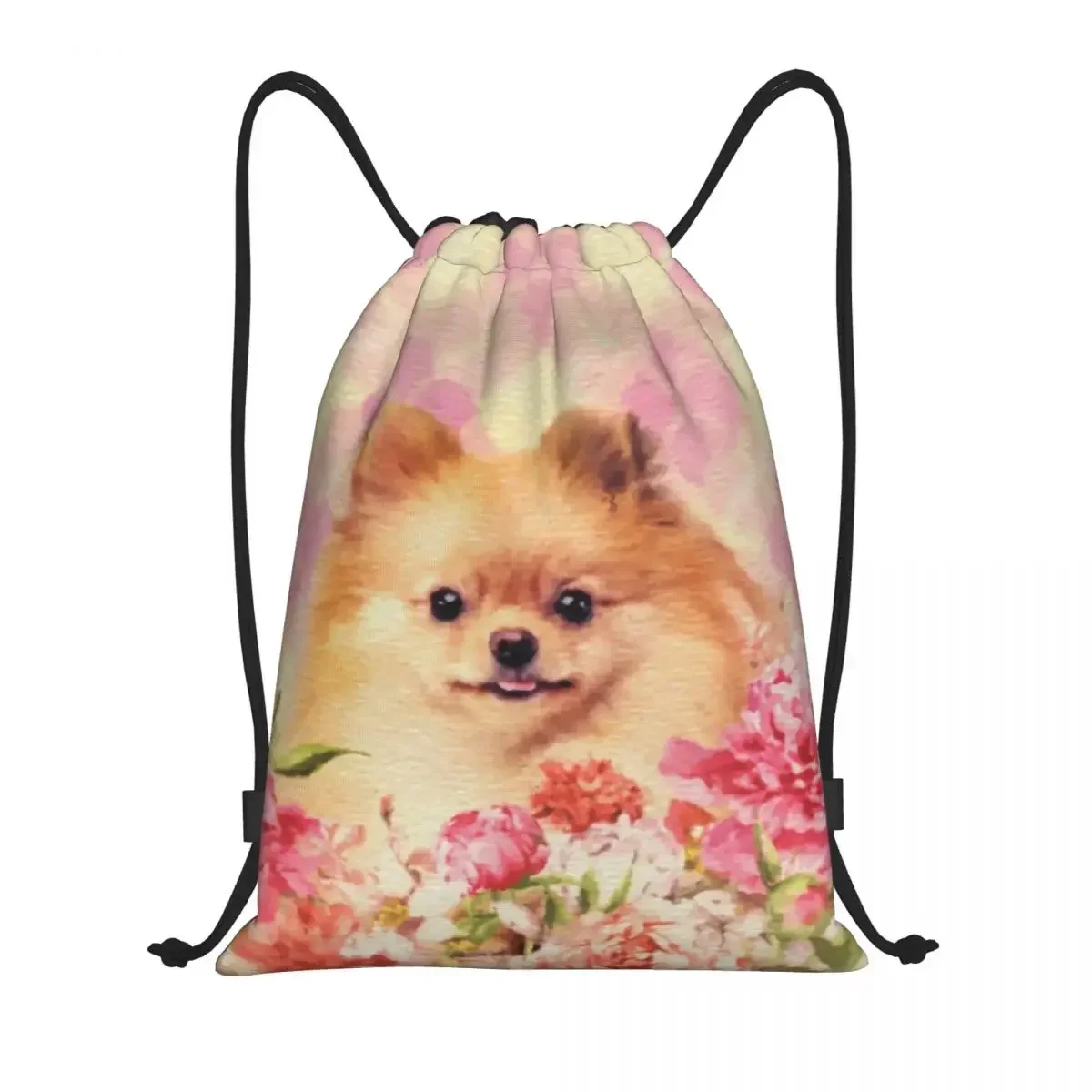 Cute Pomeranian German Spitz With Flowers Drawstring Backpack Bags Lightweight Pet Dog Gym Sports Sackpack Sacks for Training