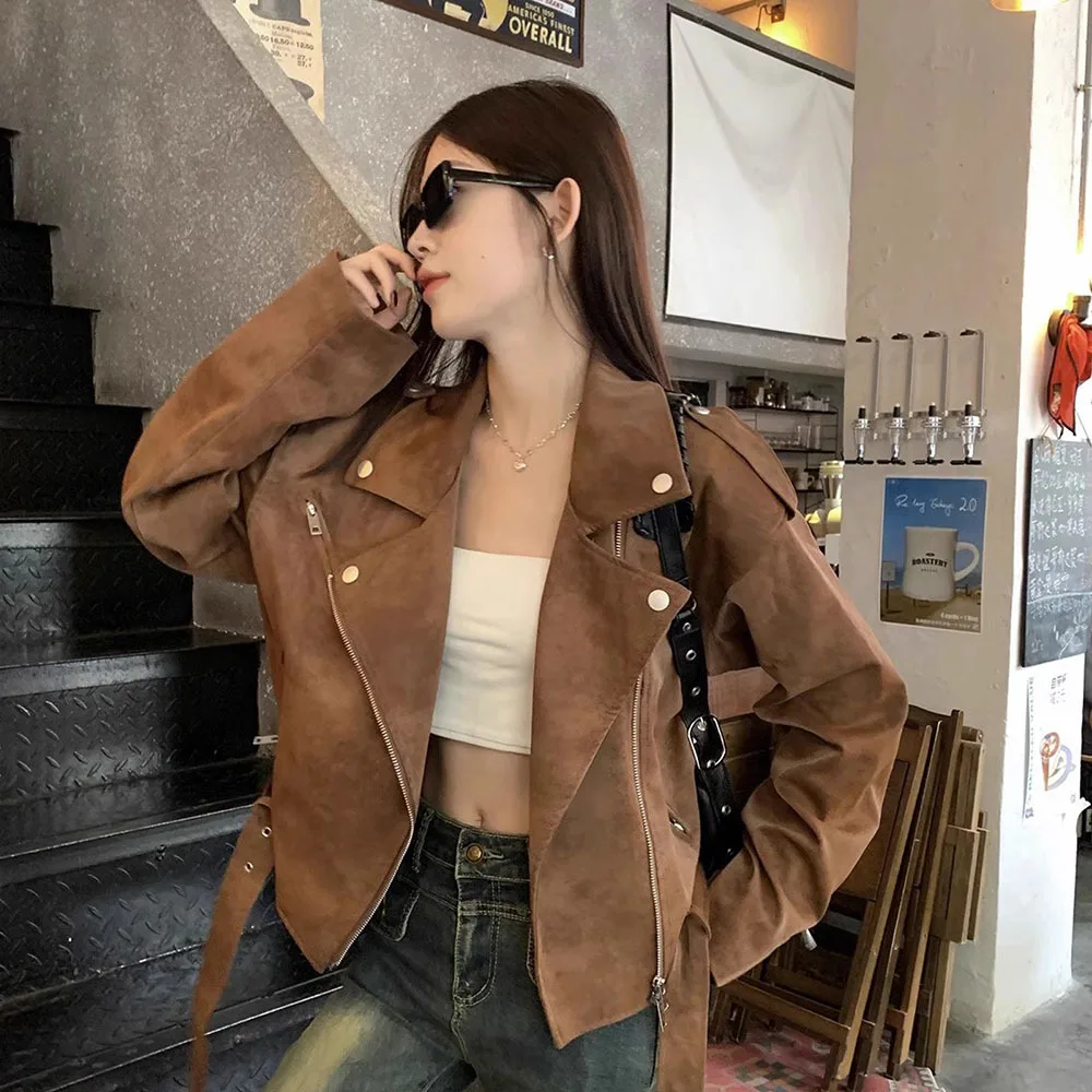 Korean Fashion Retro Suede Jacket For Women Polo Collar Design Sense Streetwear Coat Female Short Versatile Motorcycle Outerwear