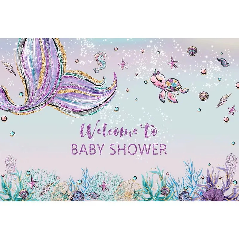 Cymbozin Princess Girl Baby Shower Photography Backdrop Gold Purple Blue Fish Tail Turtle Birthday Party Photobooth Background