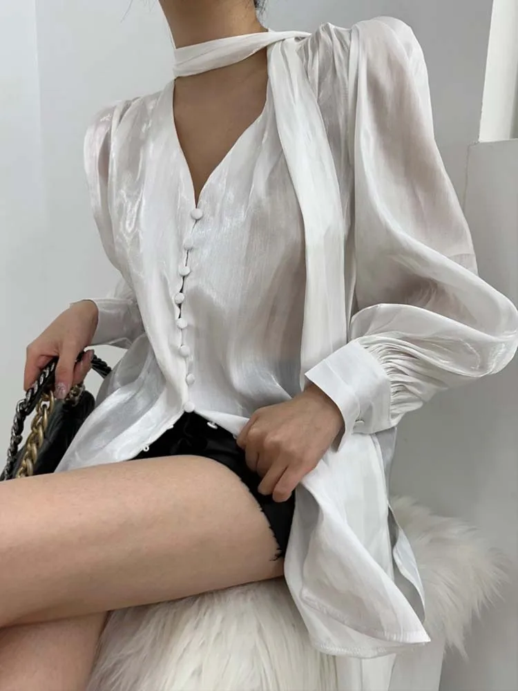 Vintage Women Puff sleeve tops Bow tie collar shirt 2024 Spring summer Solid Soft glossy Button-up blouse Streetwear INKEO 4T027