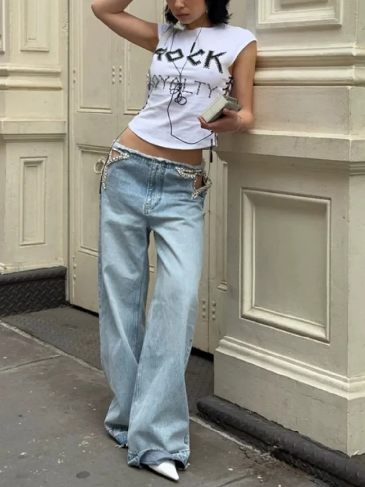 Women Solid Cut Out Wide Leg Jeans Low Waist Raw Edge Rhinestone Hollow Out Side Slit Baggy Loose Denim Trousers Streetwear